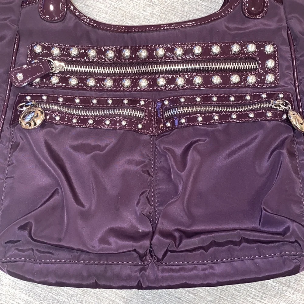 Brighton Campbell purple nylon silver studded shoulder bag. - Picture 3 of 11
